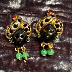 Black Gypsy Clip on Earrings, original circa 1950. Collectible.